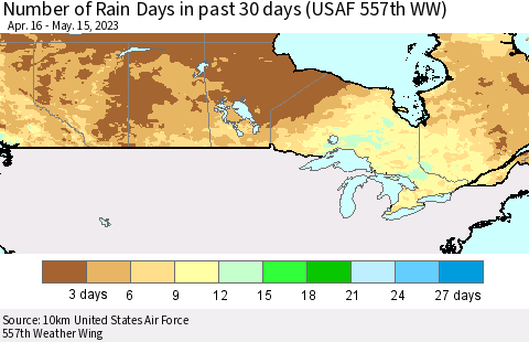 Canada Number of Rain Days in past 30 days (USAF 557th WW) 05/15/2023 Thematic Map For 5/11/2023 - 5/15/2023