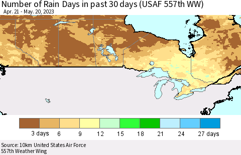 Canada Number of Rain Days in past 30 days (USAF 557th WW) 05/20/2023 Thematic Map For 5/16/2023 - 5/20/2023