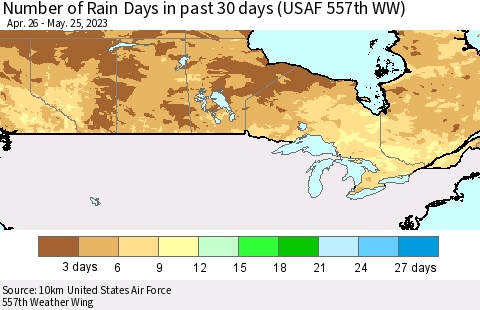 Canada Number of Rain Days in past 30 days (USAF 557th WW) 05/25/2023 Thematic Map For 5/21/2023 - 5/25/2023