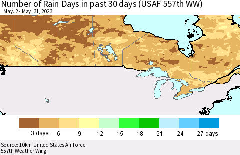 Canada Number of Rain Days in past 30 days (USAF 557th WW) 05/31/2023 Thematic Map For 5/26/2023 - 5/31/2023