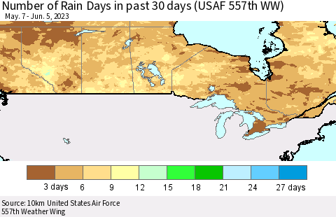 Canada Number of Rain Days in past 30 days (USAF 557th WW) 06/05/2023 Thematic Map For 6/1/2023 - 6/5/2023