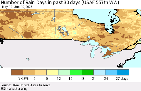 Canada Number of Rain Days in past 30 days (USAF 557th WW) 06/10/2023 Thematic Map For 6/6/2023 - 6/10/2023