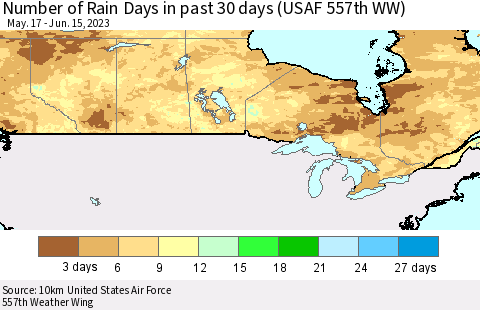 Canada Number of Rain Days in past 30 days (USAF 557th WW) 06/15/2023 Thematic Map For 6/11/2023 - 6/15/2023