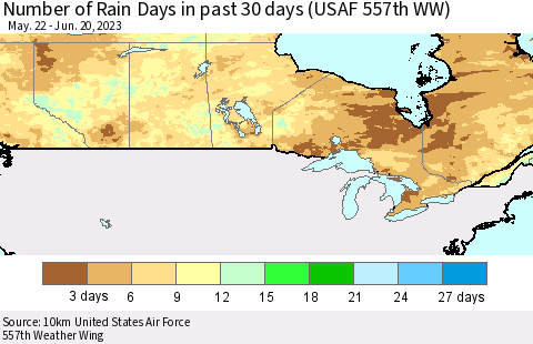 Canada Number of Rain Days in past 30 days (USAF 557th WW) 06/20/2023 Thematic Map For 6/16/2023 - 6/20/2023