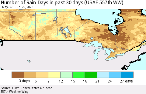 Canada Number of Rain Days in past 30 days (USAF 557th WW) 06/25/2023 Thematic Map For 6/21/2023 - 6/25/2023