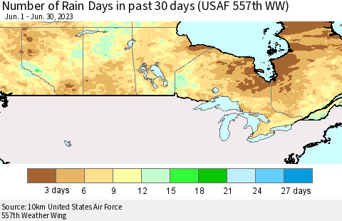 Canada Number of Rain Days in past 30 days (USAF 557th WW) 06/30/2023 Thematic Map For 6/26/2023 - 6/30/2023