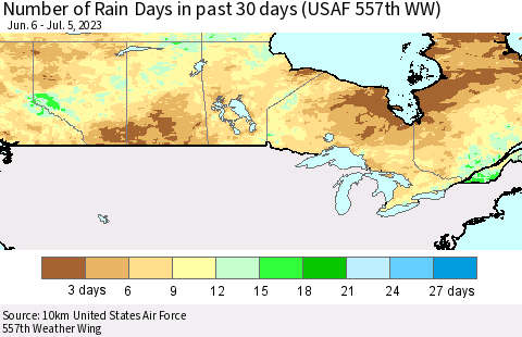 Canada Number of Rain Days in past 30 days (USAF 557th WW) 07/05/2023 Thematic Map For 7/1/2023 - 7/5/2023