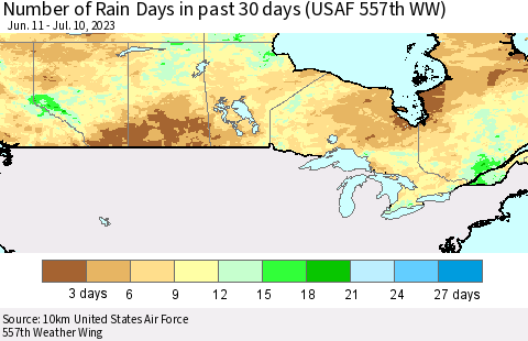 Canada Number of Rain Days in past 30 days (USAF 557th WW) 07/10/2023 Thematic Map For 7/6/2023 - 7/10/2023