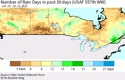 Canada Number of Rain Days in past 30 days (USAF 557th WW) 07/15/2023 Thematic Map For 7/11/2023 - 7/15/2023