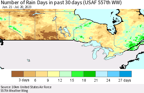 Canada Number of Rain Days in past 30 days (USAF 557th WW) 07/20/2023 Thematic Map For 7/16/2023 - 7/20/2023
