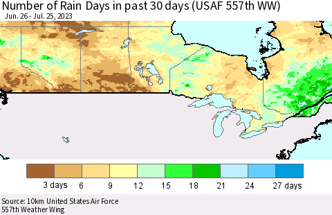 Canada Number of Rain Days in past 30 days (USAF 557th WW) 07/25/2023 Thematic Map For 7/21/2023 - 7/25/2023
