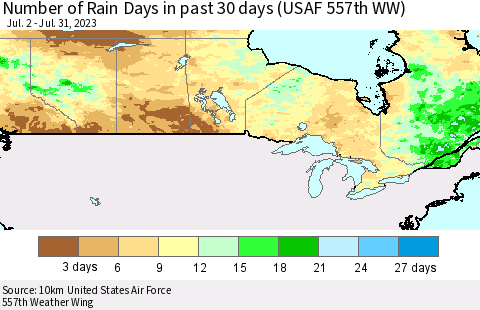 Canada Number of Rain Days in past 30 days (USAF 557th WW) 07/31/2023 Thematic Map For 7/26/2023 - 7/31/2023