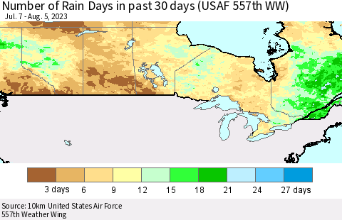 Canada Number of Rain Days in past 30 days (USAF 557th WW) 08/05/2023 Thematic Map For 8/1/2023 - 8/5/2023