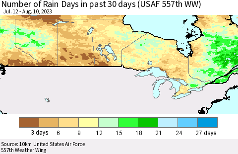 Canada Number of Rain Days in past 30 days (USAF 557th WW) 08/10/2023 Thematic Map For 8/6/2023 - 8/10/2023