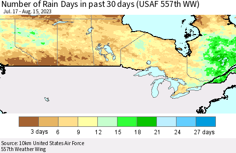 Canada Number of Rain Days in past 30 days (USAF 557th WW) 08/15/2023 Thematic Map For 8/11/2023 - 8/15/2023