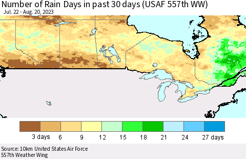 Canada Number of Rain Days in past 30 days (USAF 557th WW) 08/20/2023 Thematic Map For 8/16/2023 - 8/20/2023