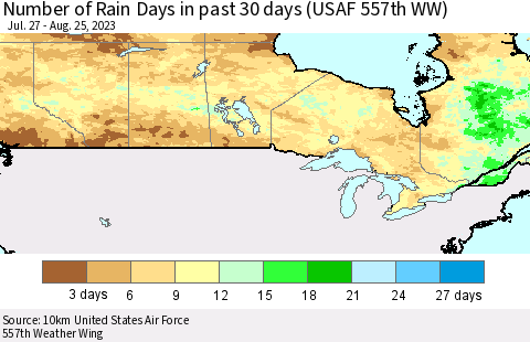 Canada Number of Rain Days in past 30 days (USAF 557th WW) 08/25/2023 Thematic Map For 8/21/2023 - 8/25/2023