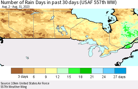 Canada Number of Rain Days in past 30 days (USAF 557th WW) 08/31/2023 Thematic Map For 8/26/2023 - 8/31/2023