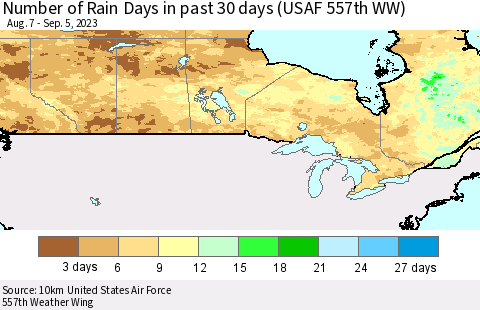 Canada Number of Rain Days in past 30 days (USAF 557th WW) 09/05/2023 Thematic Map For 9/1/2023 - 9/5/2023