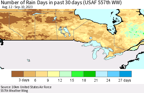 Canada Number of Rain Days in past 30 days (USAF 557th WW) 09/10/2023 Thematic Map For 9/6/2023 - 9/10/2023