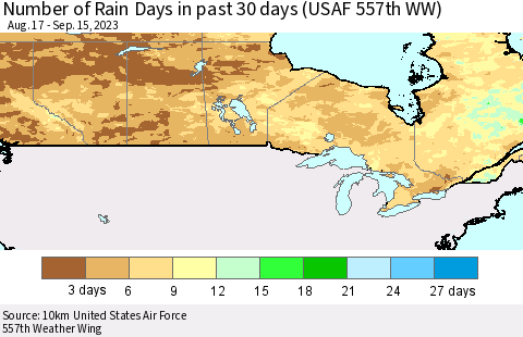 Canada Number of Rain Days in past 30 days (USAF 557th WW) 09/15/2023 Thematic Map For 9/11/2023 - 9/15/2023