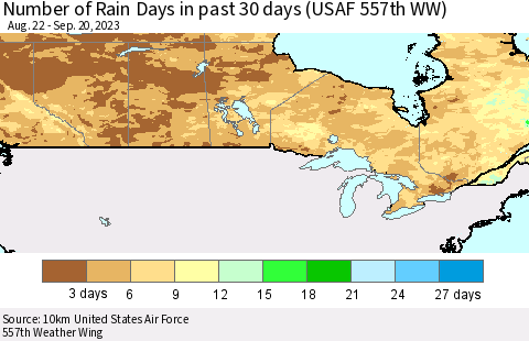 Canada Number of Rain Days in past 30 days (USAF 557th WW) 09/20/2023 Thematic Map For 9/16/2023 - 9/20/2023