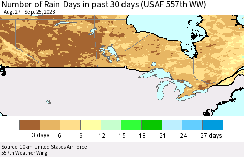 Canada Number of Rain Days in past 30 days (USAF 557th WW) 09/25/2023 Thematic Map For 9/21/2023 - 9/25/2023