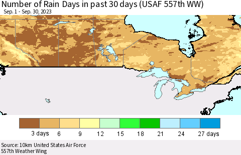 Canada Number of Rain Days in past 30 days (USAF 557th WW) 09/30/2023 Thematic Map For 9/26/2023 - 9/30/2023
