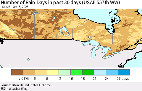 Canada Number of Rain Days in past 30 days (USAF 557th WW) 10/05/2023 Thematic Map For 10/1/2023 - 10/5/2023