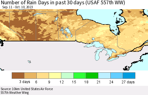 Canada Number of Rain Days in past 30 days (USAF 557th WW) 10/10/2023 Thematic Map For 10/6/2023 - 10/10/2023