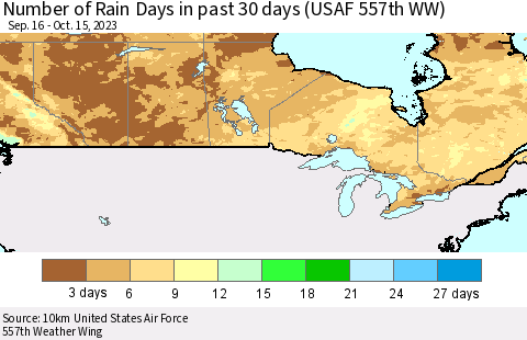 Canada Number of Rain Days in past 30 days (USAF 557th WW) 10/15/2023 Thematic Map For 10/11/2023 - 10/15/2023