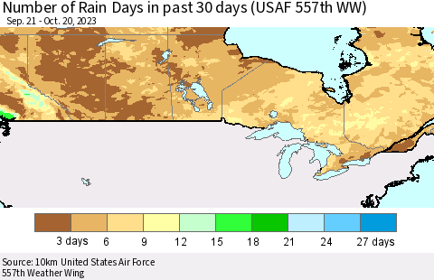 Canada Number of Rain Days in past 30 days (USAF 557th WW) 10/20/2023 Thematic Map For 10/16/2023 - 10/20/2023