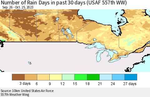Canada Number of Rain Days in past 30 days (USAF 557th WW) 10/25/2023 Thematic Map For 10/21/2023 - 10/25/2023