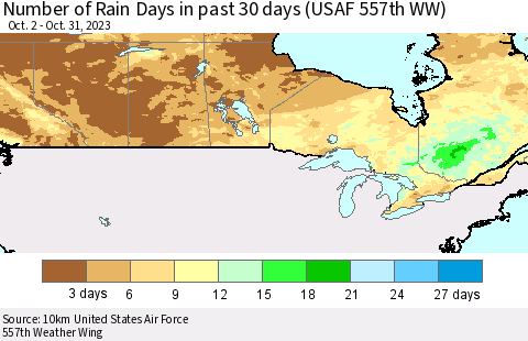 Canada Number of Rain Days in past 30 days (USAF 557th WW) 10/31/2023 Thematic Map For 10/26/2023 - 10/31/2023