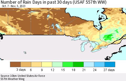Canada Number of Rain Days in past 30 days (USAF 557th WW) 11/05/2023 Thematic Map For 11/1/2023 - 11/5/2023