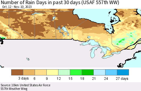 Canada Number of Rain Days in past 30 days (USAF 557th WW) 11/10/2023 Thematic Map For 11/6/2023 - 11/10/2023