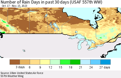 Canada Number of Rain Days in past 30 days (USAF 557th WW) 11/15/2023 Thematic Map For 11/11/2023 - 11/15/2023