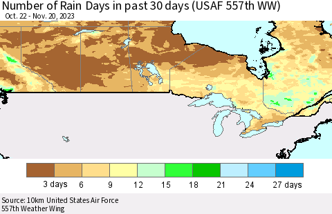 Canada Number of Rain Days in past 30 days (USAF 557th WW) 11/20/2023 Thematic Map For 11/16/2023 - 11/20/2023