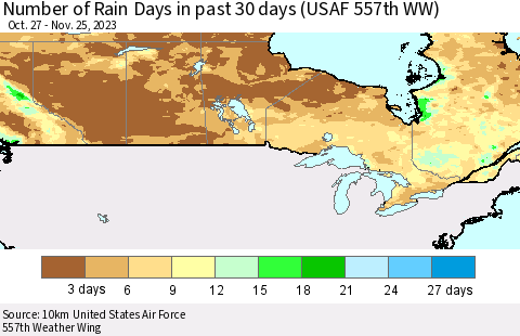 Canada Number of Rain Days in past 30 days (USAF 557th WW) 11/25/2023 Thematic Map For 11/21/2023 - 11/25/2023