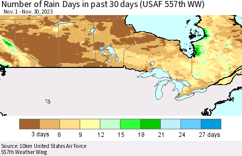 Canada Number of Rain Days in past 30 days (USAF 557th WW) 11/30/2023 Thematic Map For 11/26/2023 - 11/30/2023