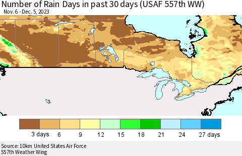 Canada Number of Rain Days in past 30 days (USAF 557th WW) 12/05/2023 Thematic Map For 12/1/2023 - 12/5/2023