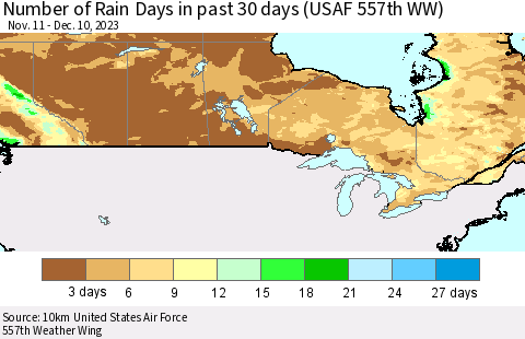 Canada Number of Rain Days in past 30 days (USAF 557th WW) 12/10/2023 Thematic Map For 12/6/2023 - 12/10/2023