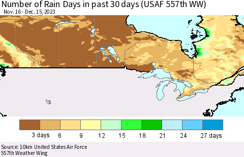Canada Number of Rain Days in past 30 days (USAF 557th WW) 12/15/2023 Thematic Map For 12/11/2023 - 12/15/2023