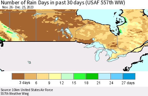 Canada Number of Rain Days in past 30 days (USAF 557th WW) 12/25/2023 Thematic Map For 12/21/2023 - 12/25/2023