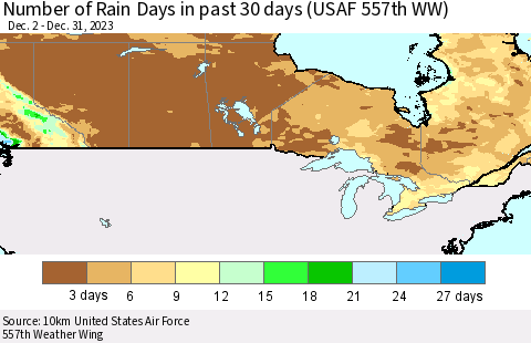 Canada Number of Rain Days in past 30 days (USAF 557th WW) 12/31/2023 Thematic Map For 12/26/2023 - 12/31/2023