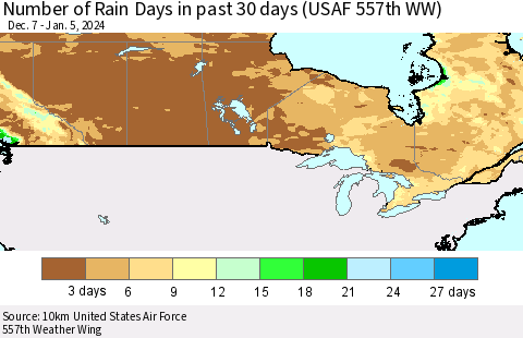 Canada Number of Rain Days in past 30 days (USAF 557th WW) 01/05/2024 Thematic Map For 1/1/2024 - 1/5/2024