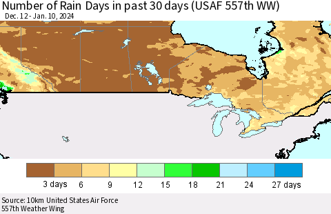 Canada Number of Rain Days in past 30 days (USAF 557th WW) 01/10/2024 Thematic Map For 1/6/2024 - 1/10/2024