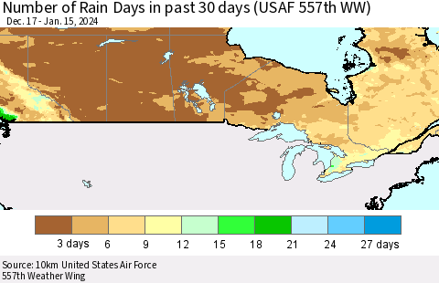 Canada Number of Rain Days in past 30 days (USAF 557th WW) 01/15/2024 Thematic Map For 1/11/2024 - 1/15/2024