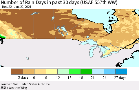 Canada Number of Rain Days in past 30 days (USAF 557th WW) 01/20/2024 Thematic Map For 1/16/2024 - 1/20/2024