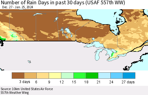 Canada Number of Rain Days in past 30 days (USAF 557th WW) 01/25/2024 Thematic Map For 1/21/2024 - 1/25/2024